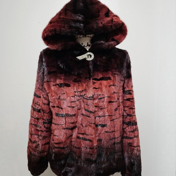 New Real Mink Fur Coat Blazer Jacket Mahogany Plum Copper Brown Wine Red Hooded - Picture 1 of 6